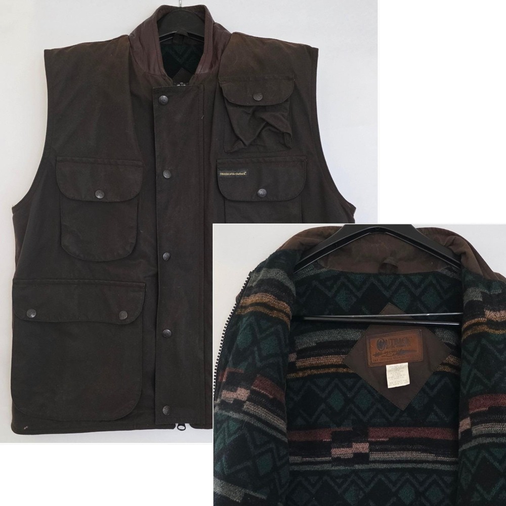 VTG Outback Trading Men's Brown Overlander Oilskin Vest  Aztec Wool Blend Lining